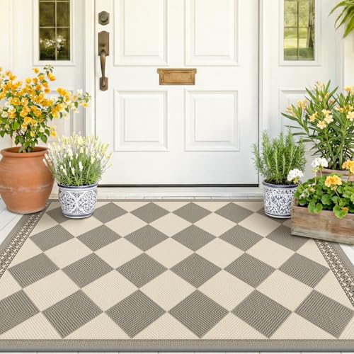 Gray and Cream Checkered Easy Jute 3x5 Outside Area Rug Outdoor Porch Decor, Entryway Rugs Indoor Diamond Geometric Pattern Mat, Patio, Backyard or Entry, Boho Farmhouse Style Washable Non Skid Mat