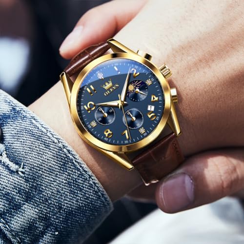 Image of OLEVS Men's Watches Brown Leather with Date,Casual Watches for Men,Large Face Watches Men,Chronograph Mens Watch,Sport Waterproof Business Dress Analog Quartz Men's Wrist Watches Reloj De Hombre