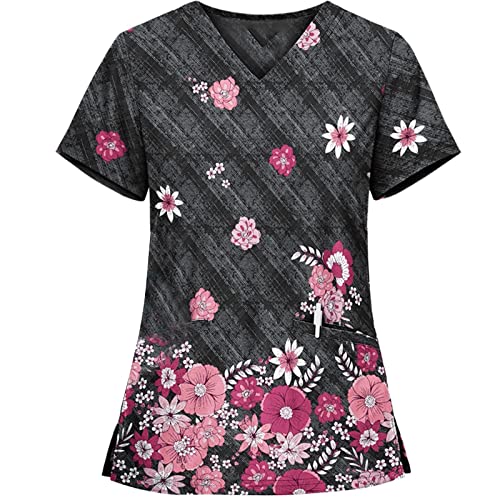 OIOLOYJM Printed Scrub Tops Women V Neck Short Sleeve Plus Size Scrubs for Womens Nursing Uniforms Shirts with Pockets