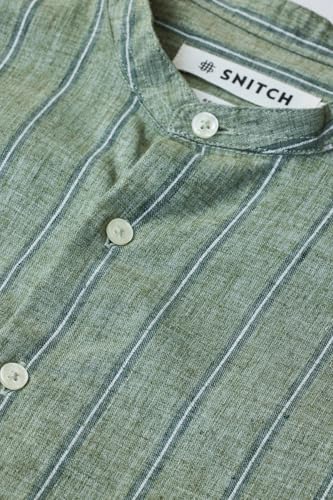 Image of SNITCH Men Casual Shirt | Regular Fit Full Sleeve Mandarin Collar Striped Design | Polyester Cotton Linen Blend & Breathable Fabric for Smart Casual