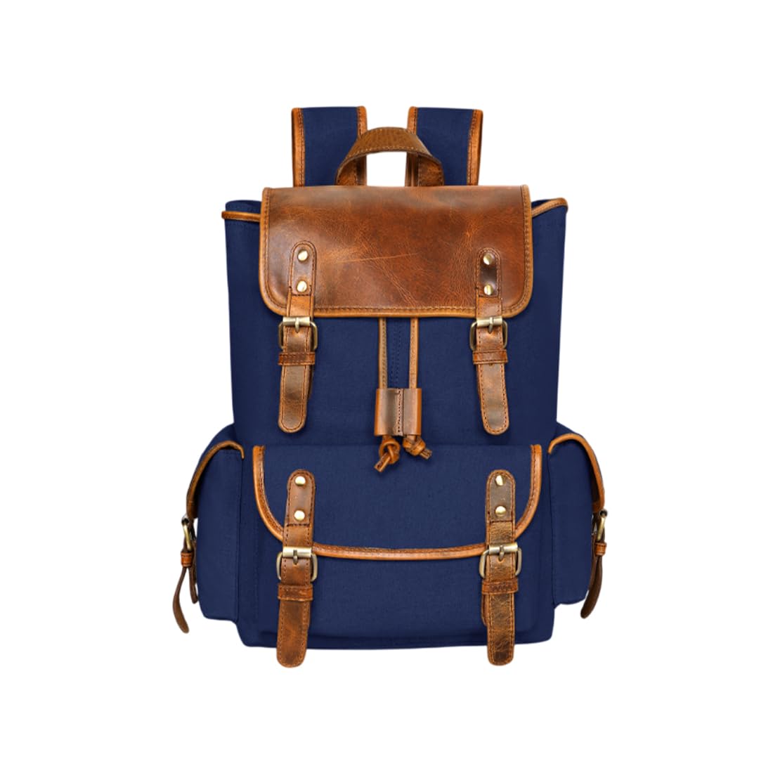 Vintage Canvas Backpack with Leather Trim, Blue and Brown, Multiple Compartments, Adjustable Padded Straps, Water Repellent, for Travel and Daily Use-image-42