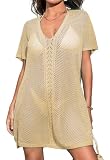 Rayson Vestido de Playa para Mujer Verano Crochet Bikini Cover Up Cuello en V Casual Suelto Corto Vestido de Pareos(Beige)