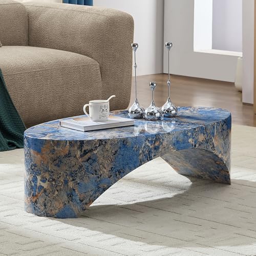 HAMORESPACE Blue Faux Marble Arch Coffee Table, Fiberglass Modern Accent