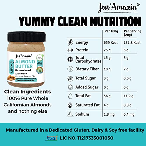 Image of Jus' Amazin Creamy Almond Butter - Unsweetened (325 G)|25% Protein|Only Whole Almonds (100% Pure)|Zero Additives|Keto|Plant Based Nutrition|Clean Nutrition