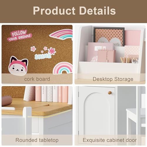 Image of Treocho Kids Study Desk and Chair Set, Kids Desk with Hutch and Tiltable Desktop for 3-8 Years Old, Wooden Children Study Table with Storage Cabinet, Student Writing Desks, Home School, Natural