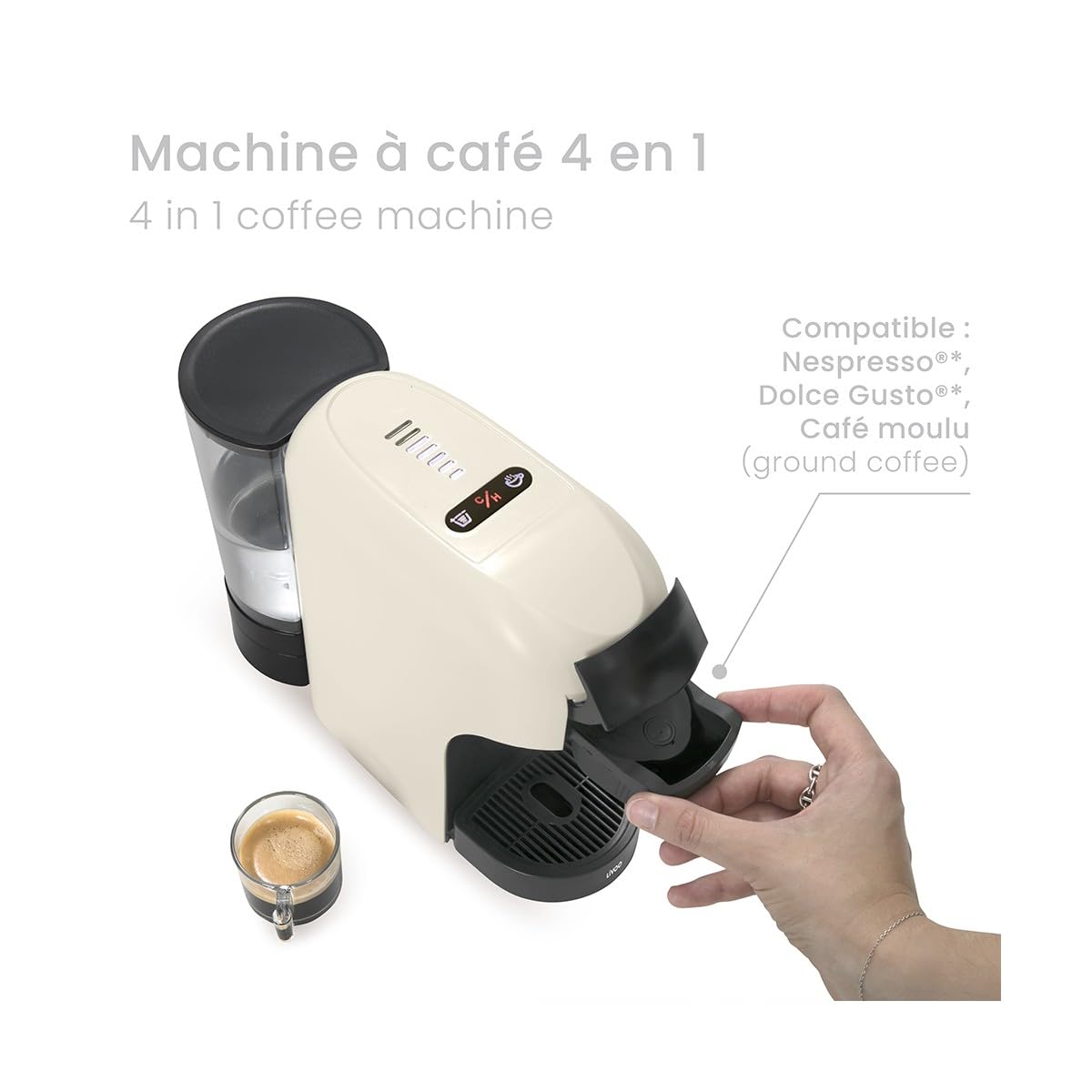 Livoo DOD217C - Cafetera multicápsulas 4 en 1 (1400 W, 20 bares, 7 niveles de volumen, compatible con Nespresso*, Dolce Gusto*, cápsulas tipo Senseo** y café molido