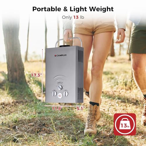 Image of CAMPLUX Portable Tankless Water Heater 1.58 GPM, BW158G Propane Gas Shower for Camping, RV, Pet Washing, 41,000 BTU Outdoor Hot Water System, Battery Operated, Gray