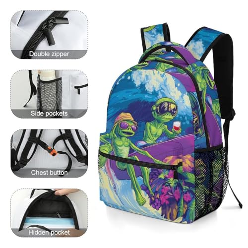 Sea Beach Surfing Aliens Funny Backpack Casual Daypack Lightweight Shoulders Bag for Men Women Cute Print4