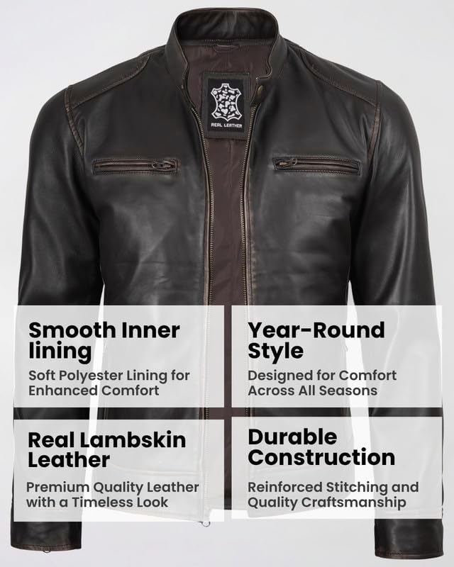 Image of Blingsoul Leather Jacket Men - Real Lambskin Cafe Racer Motorcycle Style Jacket for Mens