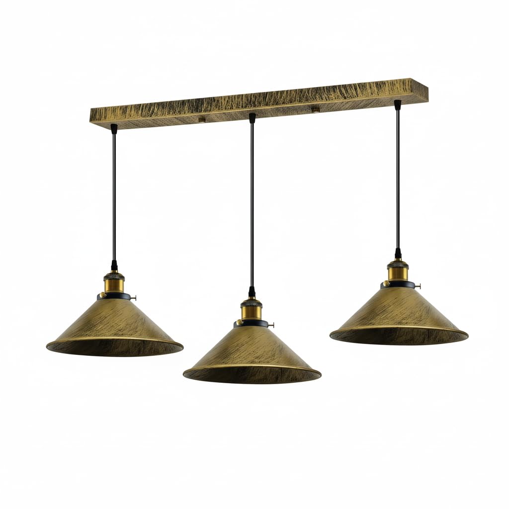 LEDSone Suspension industrielle vintage en métal argenté brossé à 3 têtes avec abat-jour conique E27 et support de plafond de 50 cm (Laiton Brossé.)