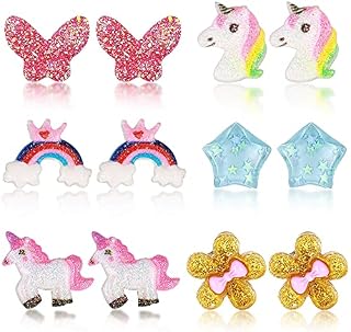6 Pairs Unicorn Clip On Earrings for Girls Butterfly Jewelry Dress Up Earrings Princess Flower Play Earrings and Rainbow Clip On Earrings Set for Little Girls