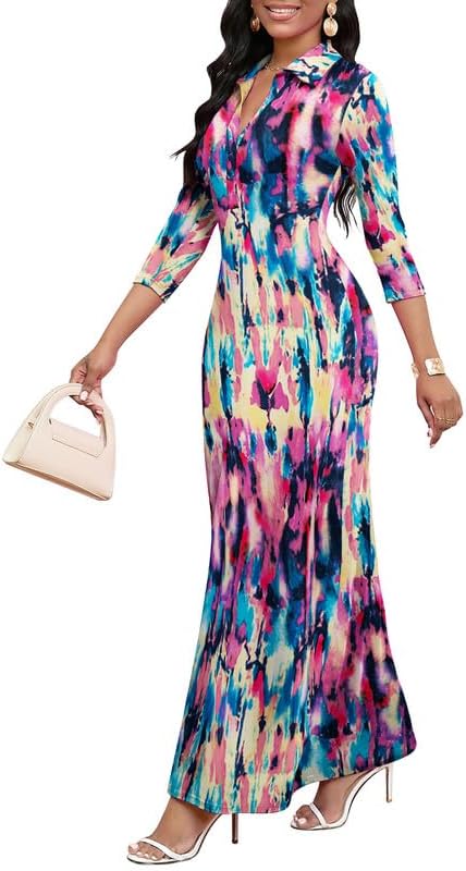 Maxi Dresses for Women Casual V Neck 3/4 Sleeve Bodycon Long Party Holiday Dress Semi Formal Outfits