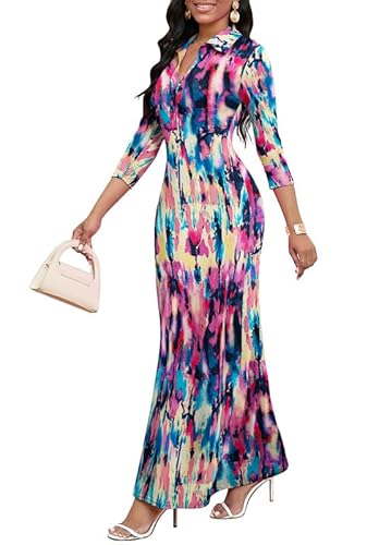 Maxi Dresses for Women Casual V Neck 3/4 Sleeve Bodycon Long Party Holiday Dress Semi Formal Outfits