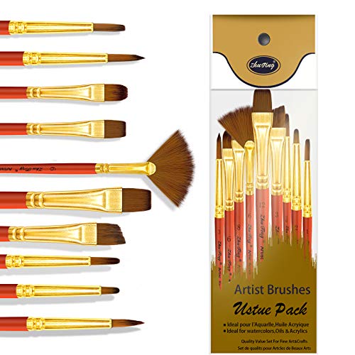 Paint Brushes for Acrylic Painting 10Pcs Art Paint Brush Set with Nylon Hair Wood Handle Full Range of Sizes & Shapes Kit for Acrylic Oil Watercolor Adult Kids Drawing Arts Crafts Accessories