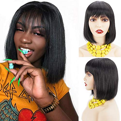 Msbeauty Short Bob Wigs for Black Women Human Hair Wigs With Bangs 12 Inch Brazilian Straight Wigs 1B# 130% Density None Lace Front Wigs Glueless Machine Made Wigs For black Women