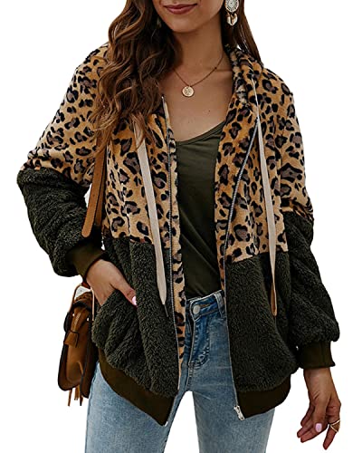 Womens Loose Fuzzy Zip Up Leopard Sherpa Hoodies Jacket Cheetah Hooded Zipper Fleece Sweatshirt Coat2
