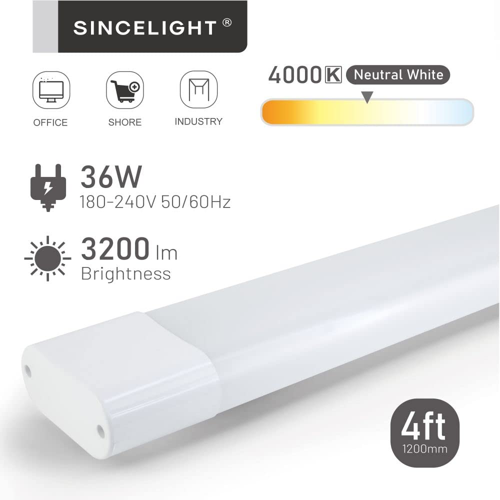 SINCELIGHT Listwa świetlna LED, 120 cm, wielokierunkowy kąt świecenia 270 stopni, zintegrowana rura liniowa 36 W, uchwyt sufitowy lub ścienny, do kuchni, garażu, biura, sklepu, neutralna biel 4000 K