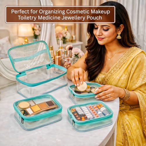 Image of Trendifly Set of 4 PVC Transparent Toiletry Travel Organizer Pouch for Women & Girls | Makeup Cosmetic Vanity Unisex Organiser Bag for Travelling | Jewellery Medicine & Shaving Kit Holder for Men