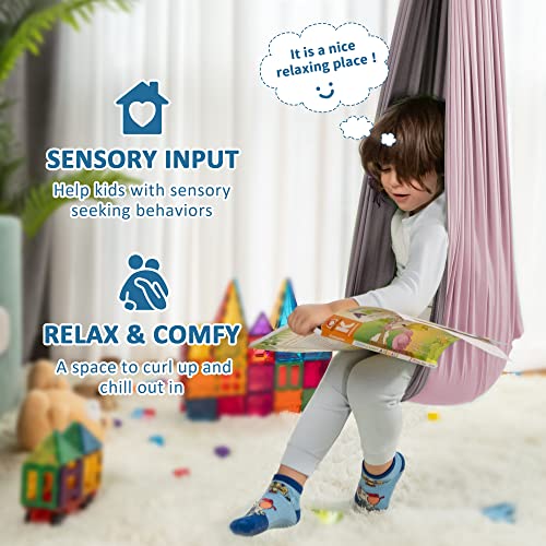 OUTREE Sensory Swing, Double Layer Therapy Swing with 360° Swivel Hanger, Healing & Relaxing Cuddle Sensory Swing for Kids and Adults with Autism, ADHD, Sensory Processing Disorder(Pink and Gray) - Image 4