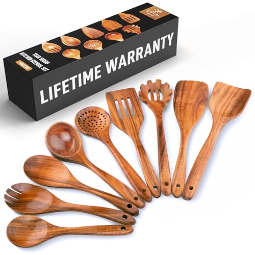 Zulay Kitchen 9-Piece Teak Wooden Utensils for Cooking - Smooth Finish Natural Teak Utensil Set -...