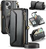 Strapurs Wallet Case Compatible with iPhone 15 Plus RFID Blocking 10-Card Holder Soft PU Leather Magnetic Snap Shoulder Strap Zipper Pocket Phone Case Fit for iPhone 15 Plus 6.7' - Black