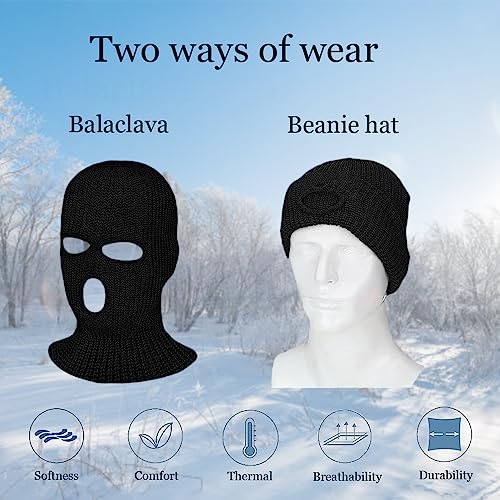 Kids 3 Hole Knitted Balaclava - Warm and Stylish Ski Face Mask for Cold Weather Black4