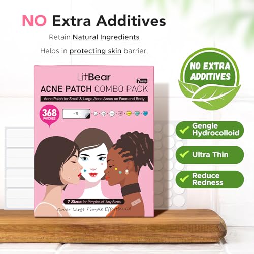 LitBear Adesivo 3 em 1 para acne, 7 tamanhos 368 adesivos hidrocolóides para acne para rosto, testa,