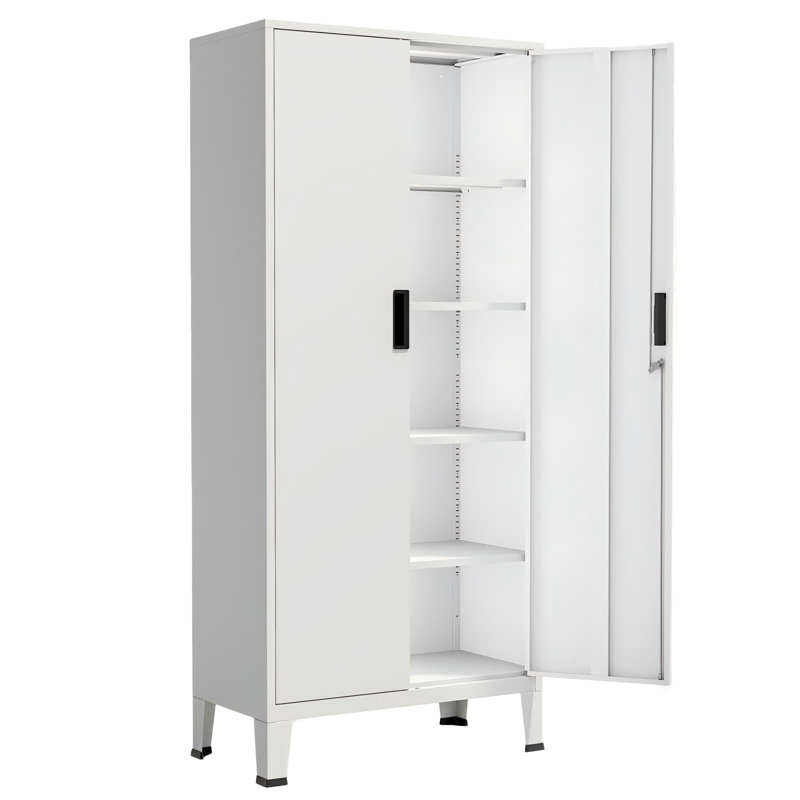 YOUDENOVA Armario archivador de metal de 180 x 80 x 40 con cerradura con 2 puertas, armario multiusos con 5 niveles, armario multiusos con estantes ajustables, color blanco