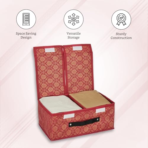 Image of Amazon Brand - Solimo Double Lid Foldable Storage Box | Toys Storage Bin | Wardrobe organizer for Clothes | Front Handle | Stackable Rack | 36 x 25 x 16 cm (Golden Print, Maroon)