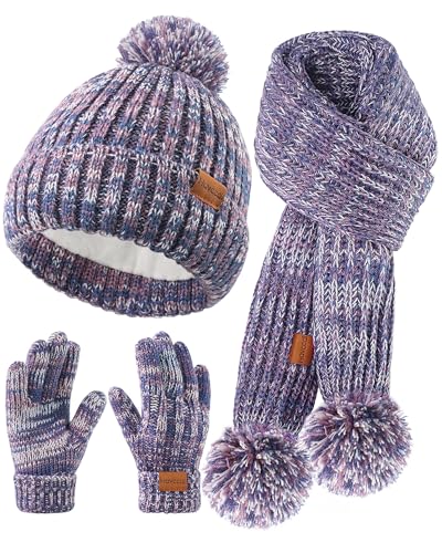 Image of Kids Winter Hat Scarf Gloves Set - Girls Boys Fleece Lined Beanie Hat with Pom Knit Scarf Warm Mittens for Children