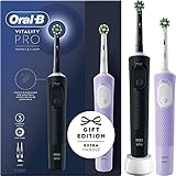 Oral-B Vitality Pro - 2 cepillos de dientes eléctricos, 2 cabezales de cepillo de dientes, 3 modos de cepillado, incluyendo Sensitive Plus, enchufe británico de 2 pines, negro y morado