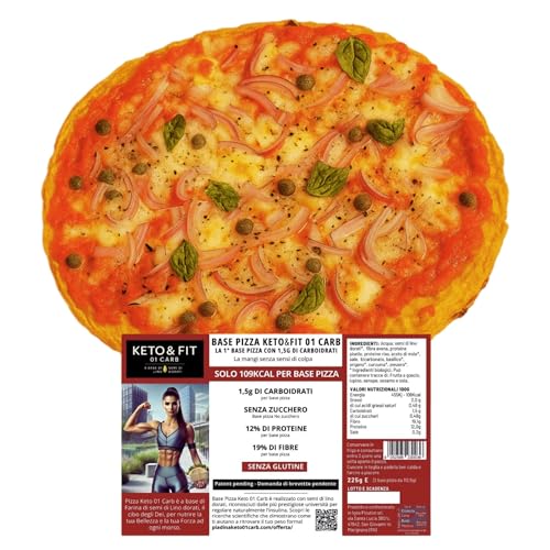 [PIZZA KETO 01 CARB LA RIVOLUZIONE KETO & LOW CARB] Preparati a rimanere stupita: la nostra base Pizza CONTIENE SOLO 1,5g DI CARBOIDRATI, contro i 51g delle basi Pizza tradizionali. Con appena 120Kcal per base Pizza, invece delle pesanti 330 kcal delle classiche, BASE PIZZA PROTEICA con il 12% di proteine, puoi goderti il gusto senza sensi di colpa. E qui arriva il dato che lascia senza parole: dovresti mangiare ben 34 delle nostre basi Pizza per raggiungere i carboidrati di una singola base Pizza tradizionale!