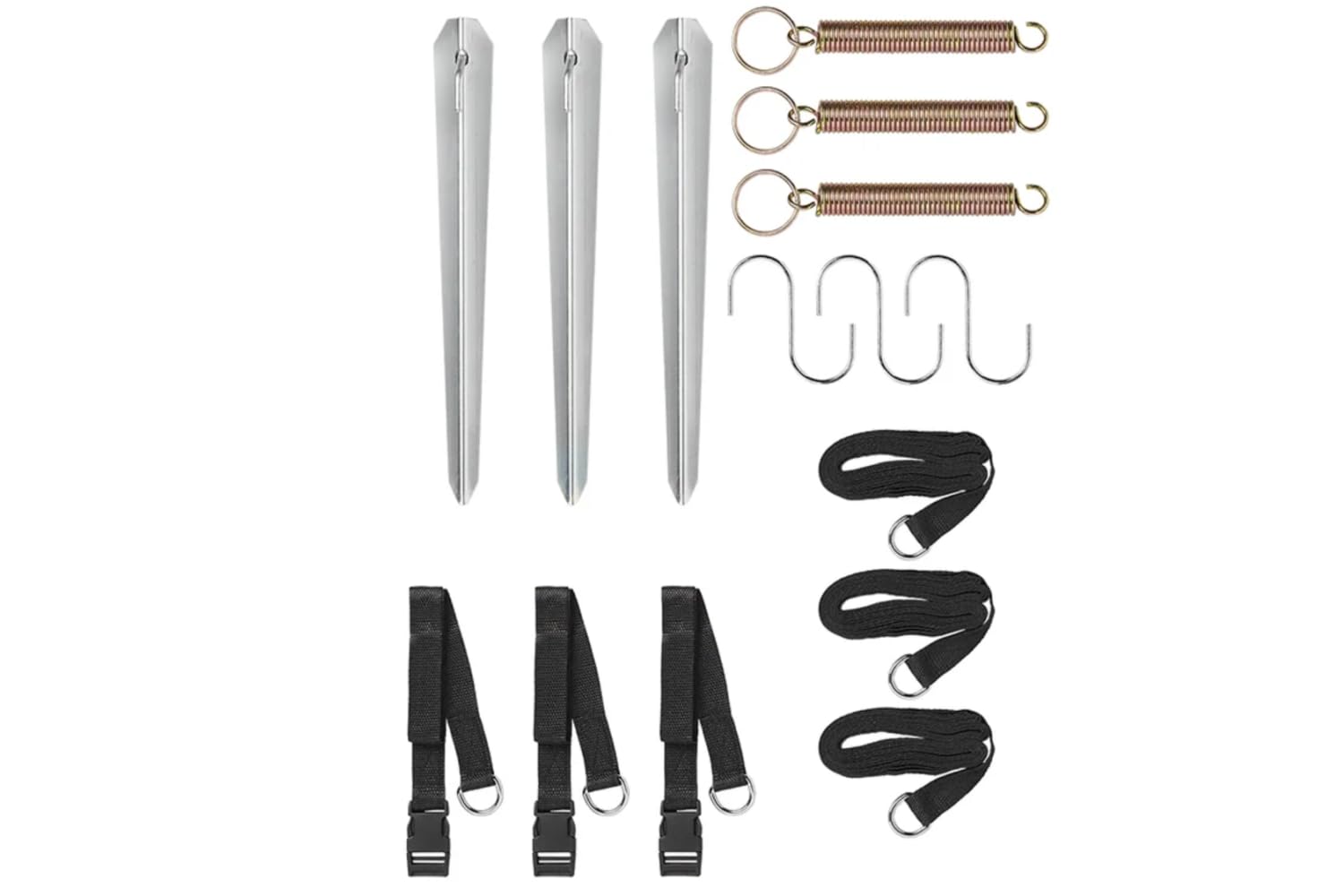 ProPlus 361724 Abspannset für Vorzelt 3X 5,10 cm inkl. 3 Zugfedern, 3 Zeltheringe und 3 S-Haken Abspannseile und Sturmsicherungen für Markisen – Ideale Lösung für Camping Sturmbänder Sturmband. | 3 Sturmgurte (400 cm + 110 cm), 3 Zugfedern, 3 Zeltheringe,