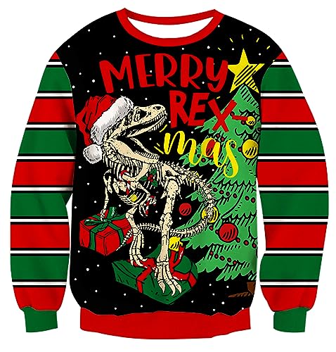 RAISEVERN Mens Ugly Christmas Sweater Women Funny Dinosaur Holiday Party Merry Rex Xmas Family Knitted Snowflake Striped Tree Jumper Pullover Long Sleeve Green
