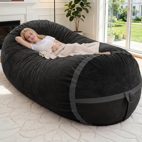 Image of 6FT Bean Bag Chair 6'Giant Bean Bag Chairs with Adults, Large Beanbag Chair | Bean bag Lounger with Machine Washable Cover Dutch Velvet Fabric, Comfy Chairs for Living Room, Bedroom, Dorm, Black