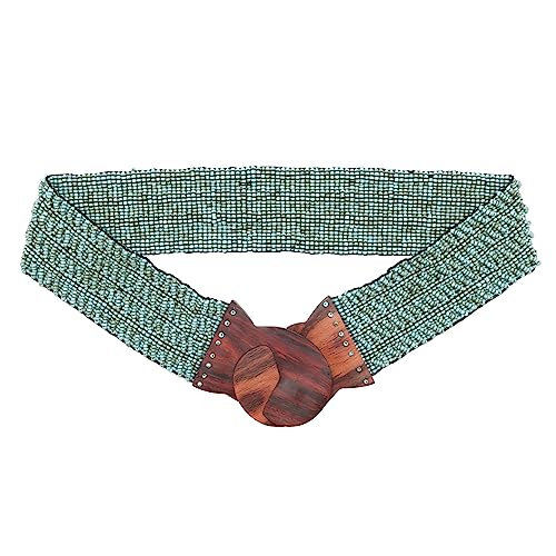 Beaded Women's Belt from Bali - Turquoise Color Elastic Western Style Cinch Belt, Wood Hook Buckle 32-39-inch, 2.5 Width 2-mm Glass Beads GIFT BOXED