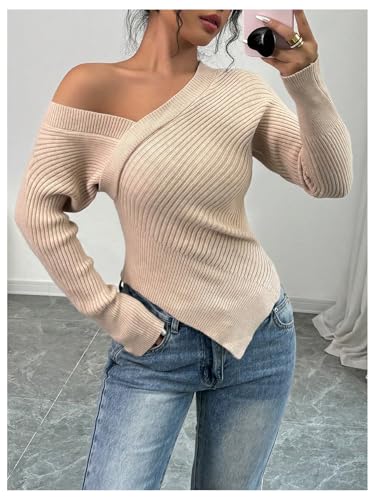 Women's Off Shoulder Ribbed Knit Wrap Sweater Long Sleeve Slim Fit Asymmetrical Pullovers Elegant Top3