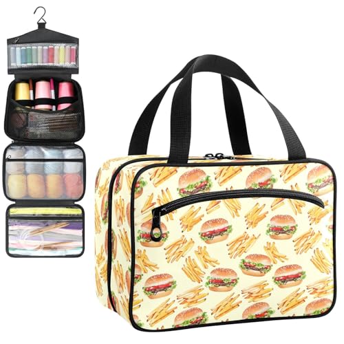 YNNALE Sewing Supply Organizer Bag, Delicious Hamburger Fries Pattern Yellow Portable Sewing Bags with Pockets&Hanger, Sewing Storage Box Case for Sew Supplies/Kit/Tools/Accessories (BAG ONLY)