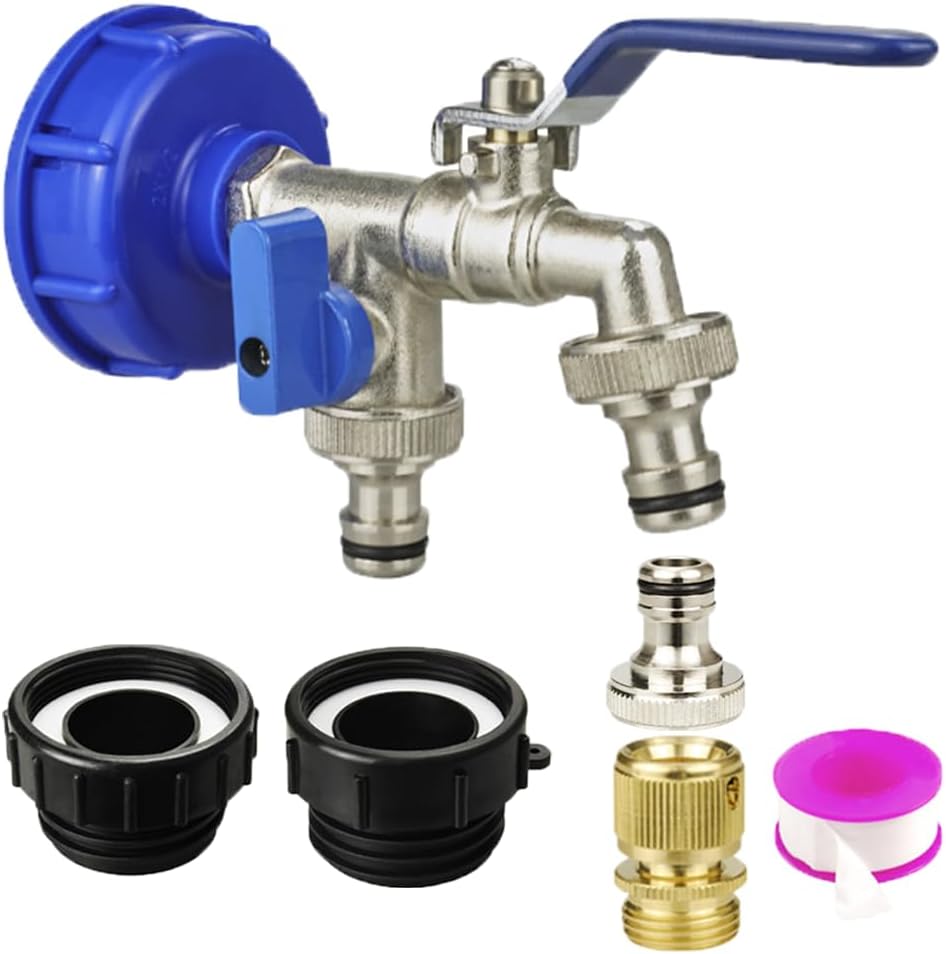 TMOK 275-330 Gallon IBC Tote Tank Adapter,3-Size,2.44" Fine、2 "Fine, and 2" Coarse Thread,1/2" x 3/4" x 3/4"Brass Hose Faucet Garden Hose Quick Connector