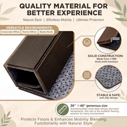 Image of Leinuosen 36 inch x 48 inch Office Bamboo Chairmat for Carpet Floor Mat Highly Premium Quality Anti-Slip Office & Home Floor Protector Low Pile Carpet Chair Mat, 5mm Thick(Without Lip, Coffee Wood)