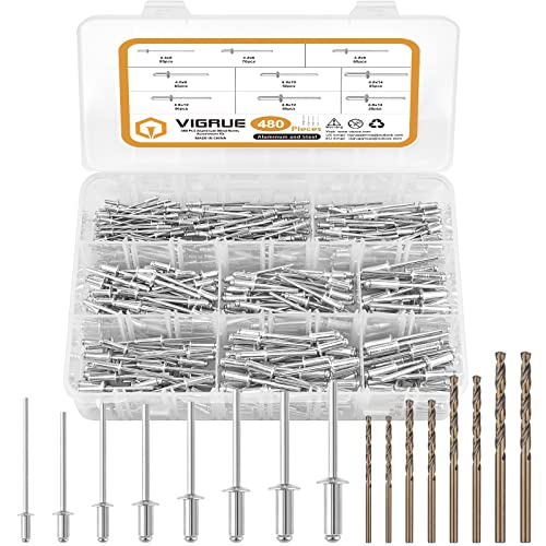 VIGRUE 480pcs Set di rivetti ciechi e 8 punte HSS, Assortimento di rivetti pop in alluminio/acciaio da 2,4 mm, 3,2 mm, 4,0 mm e 4,8 mm per unire tutti i tipi di materiali sottili per le rivettatrici