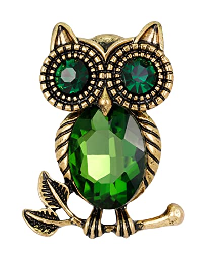 Image of Gyn&Joy Golden Tone Emerald Green Colored Crystal stone Owl Bird Brooch Pin