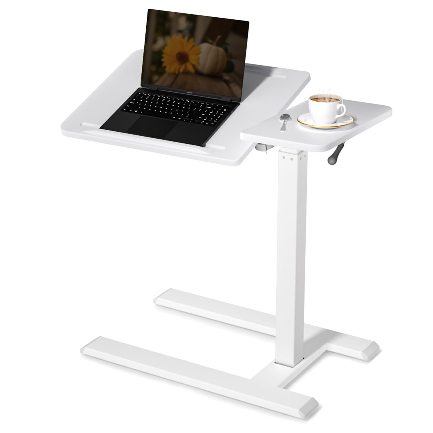 SIHOO D01 Medical Adjustable Tilt Overbed Bedside Table with Wheels Pneumatic Mobile Standing Laptop Desk Rolling Computer Cart Movable Bed Hospital Home Use（White）