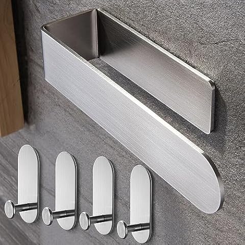 Taozun Hand Towel Holder - Towel Racks for Bathroom with 4 Pack Adhesive Towel Hooks, Stainless Steel Self Adhesive Towel Bar Set Stick on Wall (Brushed Silver) Cover