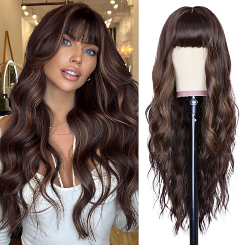 Image of NAYOO Brown Wigs with Bangs for Women,24 Inch Wavy Synthetic Wig | Natural Looking,Beginner Friendly,Heat Resistant Fiber,Ideal for Daily Wear,Parties & Halloween