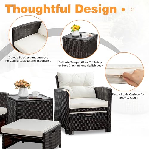 Shintenchi 5 Pieces Patio Furniture Set, Outdoor Wicker Patio Conversation Set with Ottoman, All Weather Rattan Outside Chairs with Coffee Table & Cushion for Porch, Garden, Backyard, Beige - Image 6