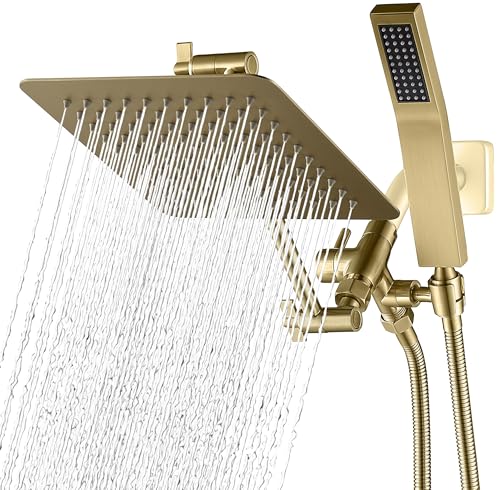 G-Promise All Metal 8-Inch Dual Square Shower Head Combo, Rain Shower Head, Handheld Shower Wand with 71-Inch Extra Long Hose, 3-Way Diverter, Adjustable Extension Arm, Brushed Gold