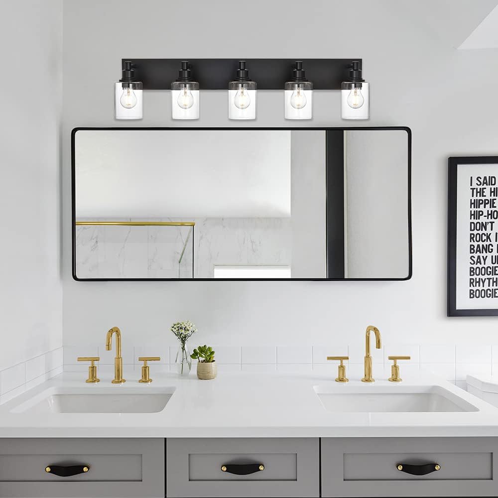 TODOLUZ Black Bathroom Light Fixtures Over Mirror, Modern 5-Lights Wall Sconce Lighting with Clear Glass Shade for Vanity Living Room (E26 Bulb Base)