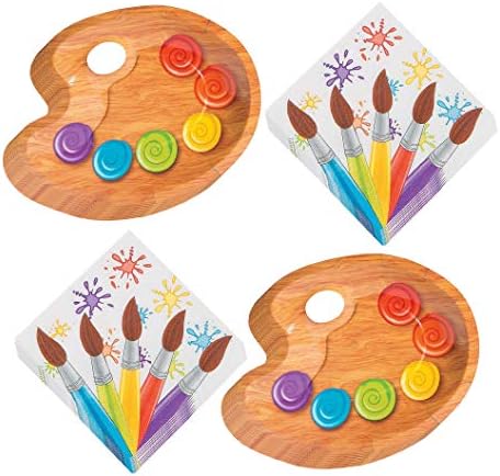 Art Party Supplies – Paint Party Paint Palette Shaped Paper Dessert Plates and Artist Brush Beverage Napkins (Serves 16)
