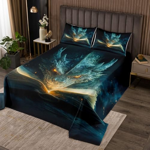 Homemissing Drachen Bettüberwurf Evil Tiere Tagesdecke 170x210cm für Jungen Mädchen Wildtier Wohndecke Schwarz & Grün Schlafzimmer Dekor 2Stück